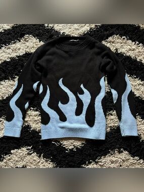 I Saw It First Black with Blue Flames Knit Sweater Women’s Small